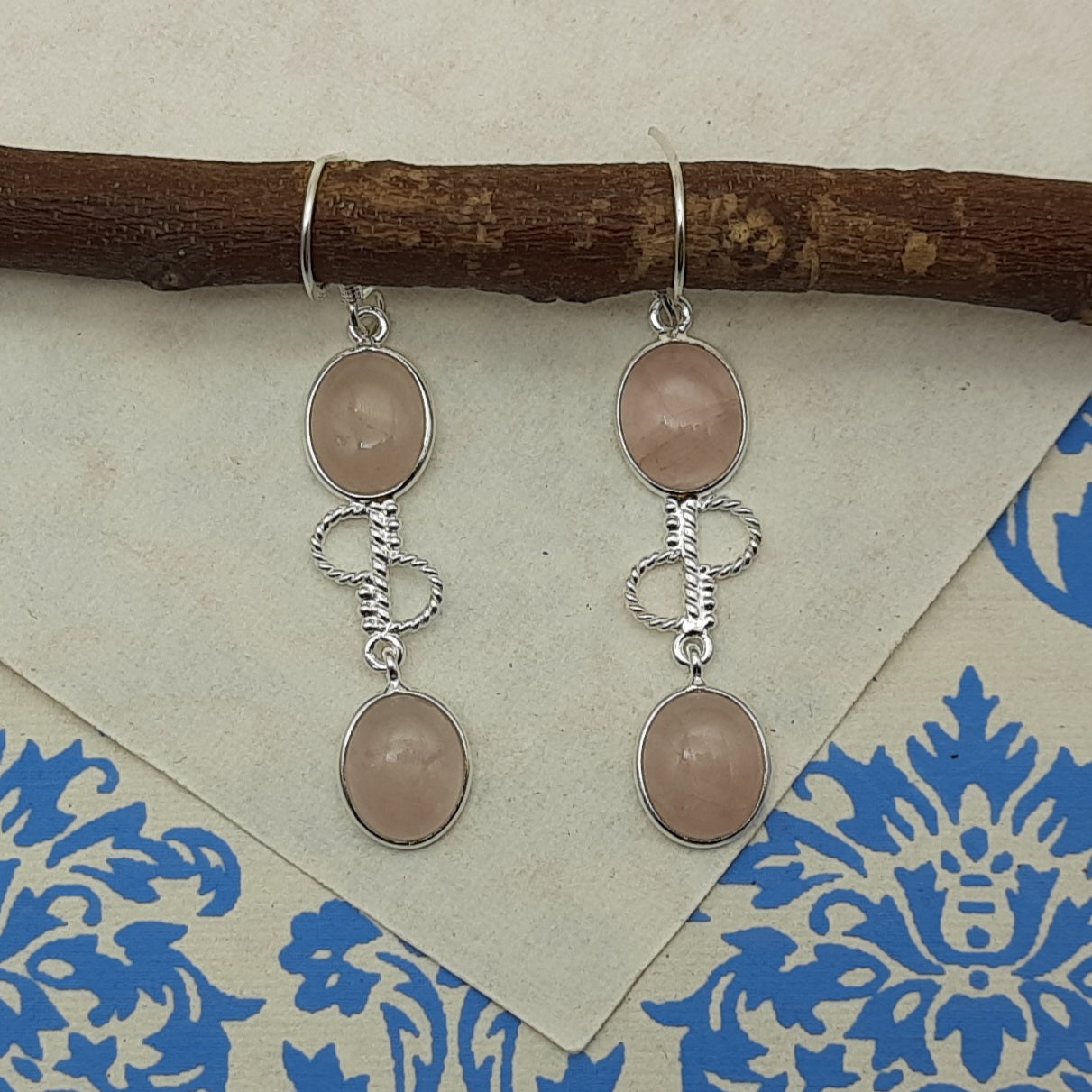 925 Sterling Silver Rose Quartz Cabochon Oval Shape Earring