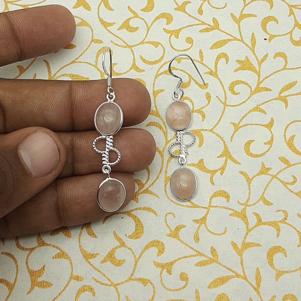 925 Sterling Silver Rose Quartz Cabochon Oval Shape Earring