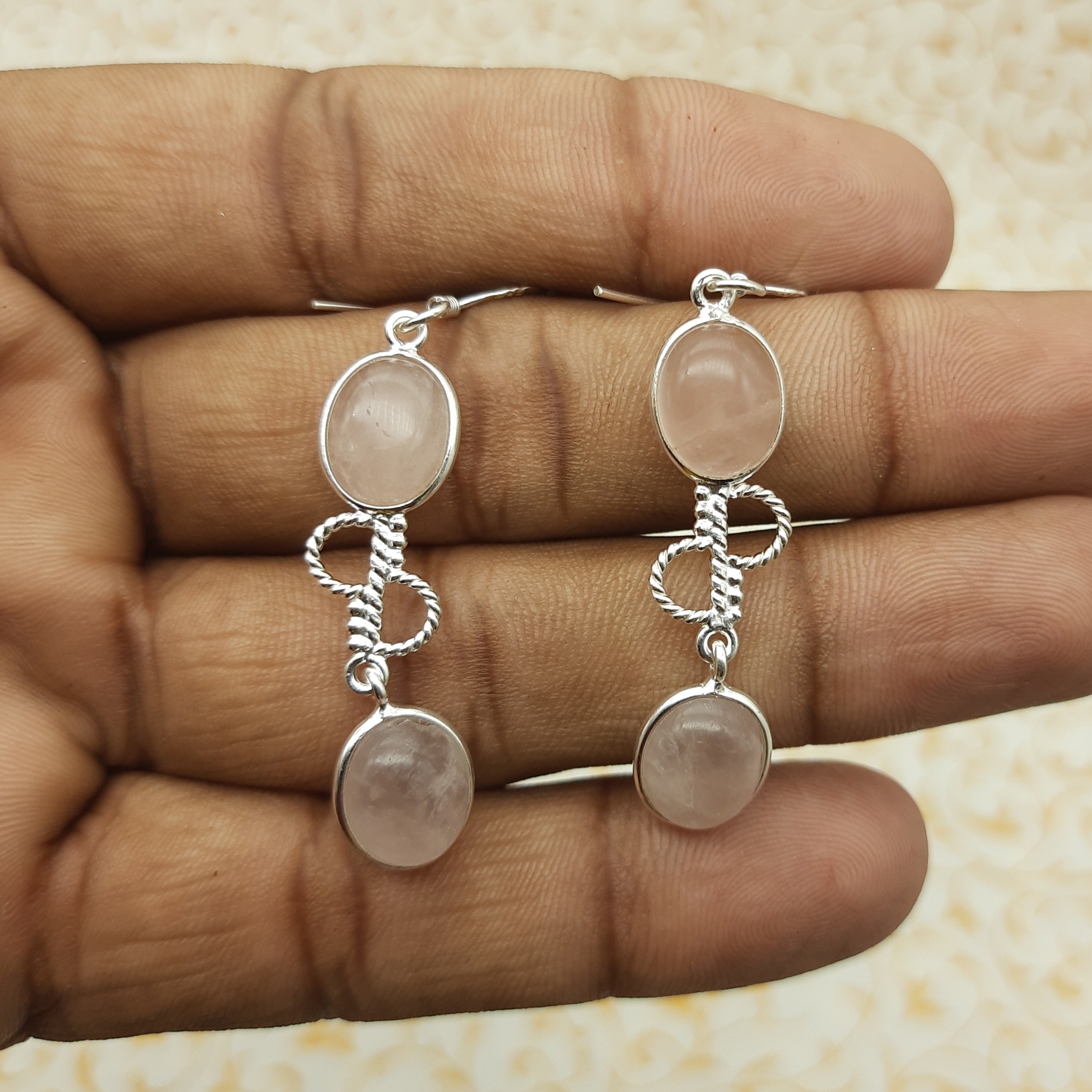 925 Sterling Silver Rose Quartz Cabochon Oval Shape Earring