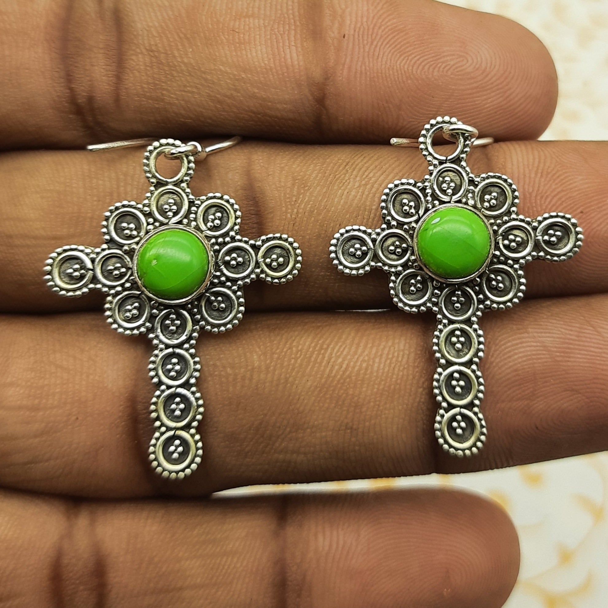 Elegant Green Copper Turquoise Round Earrings – 925 Sterling Silver Fine Jewelry