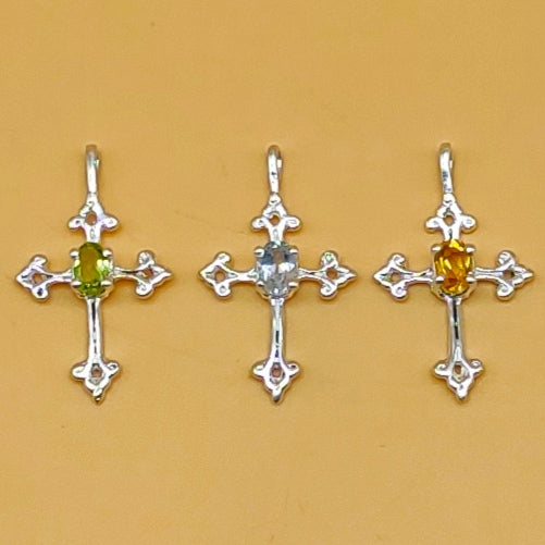 Dainty Cross 925 Silver Pendant Faceted Gemstone Necklace