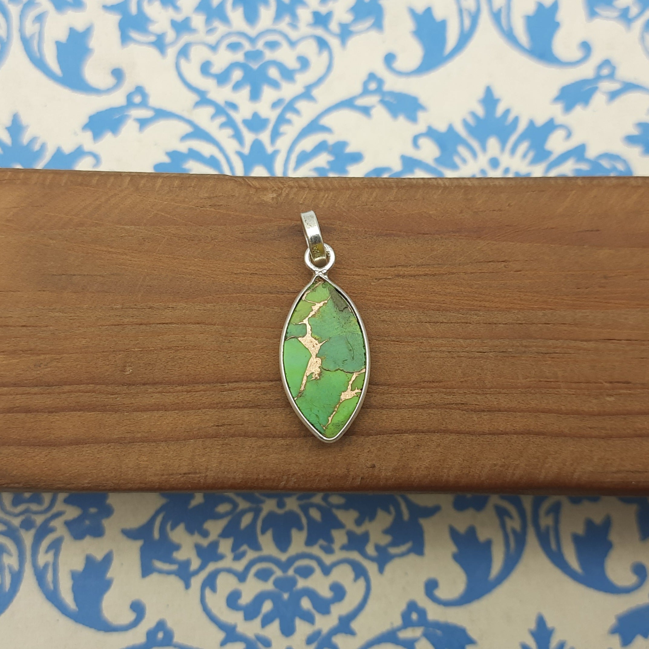 Green Copper Turquoise 925 Silver Unique Pendant