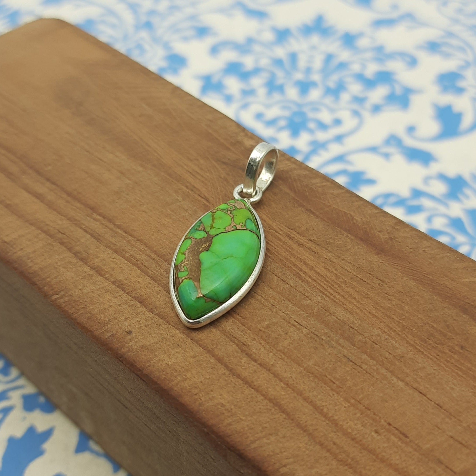 Green Copper Turquoise 925 Silver Unique Pendant