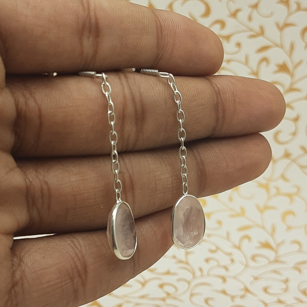 Dainty Rose Quartz Earrings in Sterling Silver – Elegant Everyday Drops