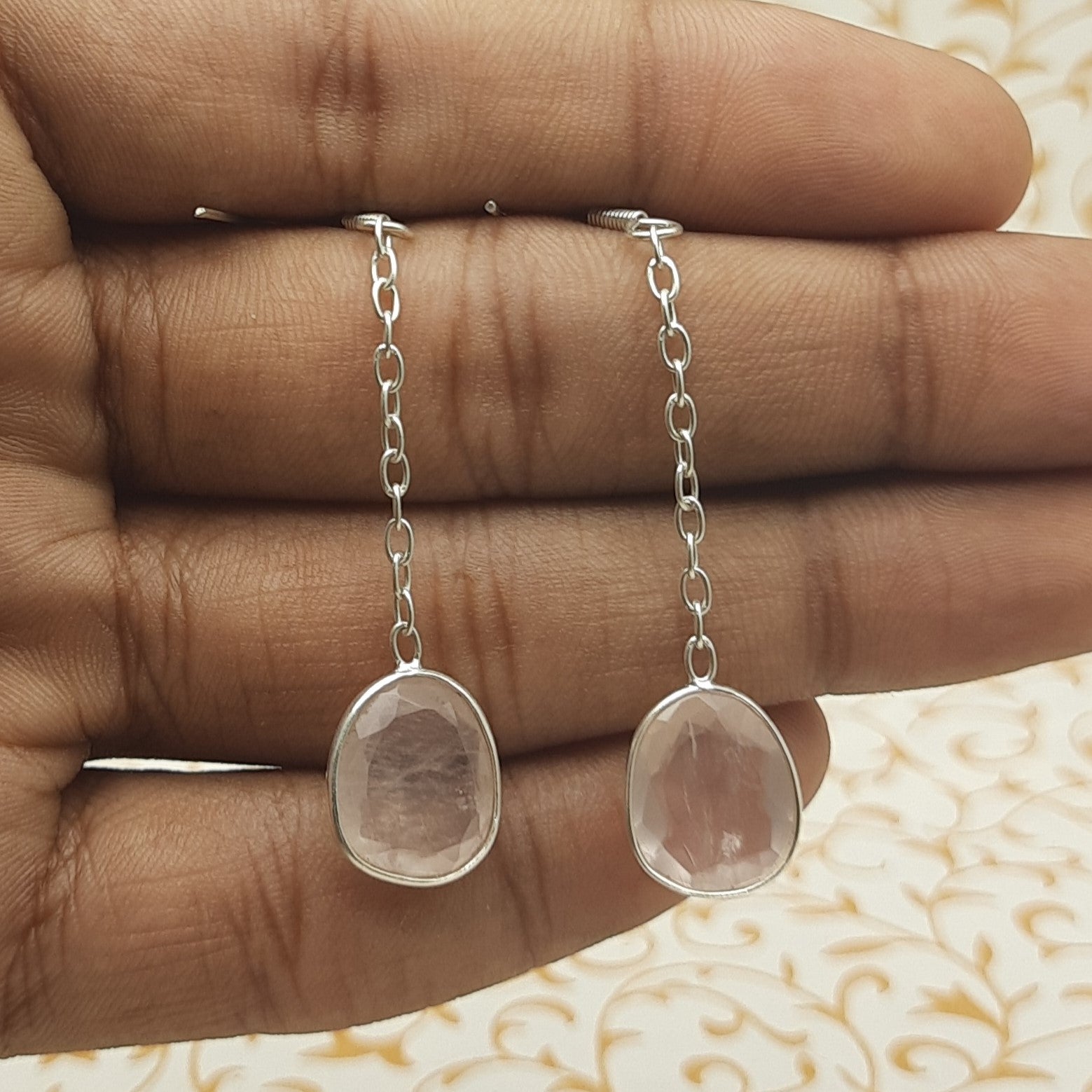 Dainty Rose Quartz Earrings in Sterling Silver – Elegant Everyday Drops