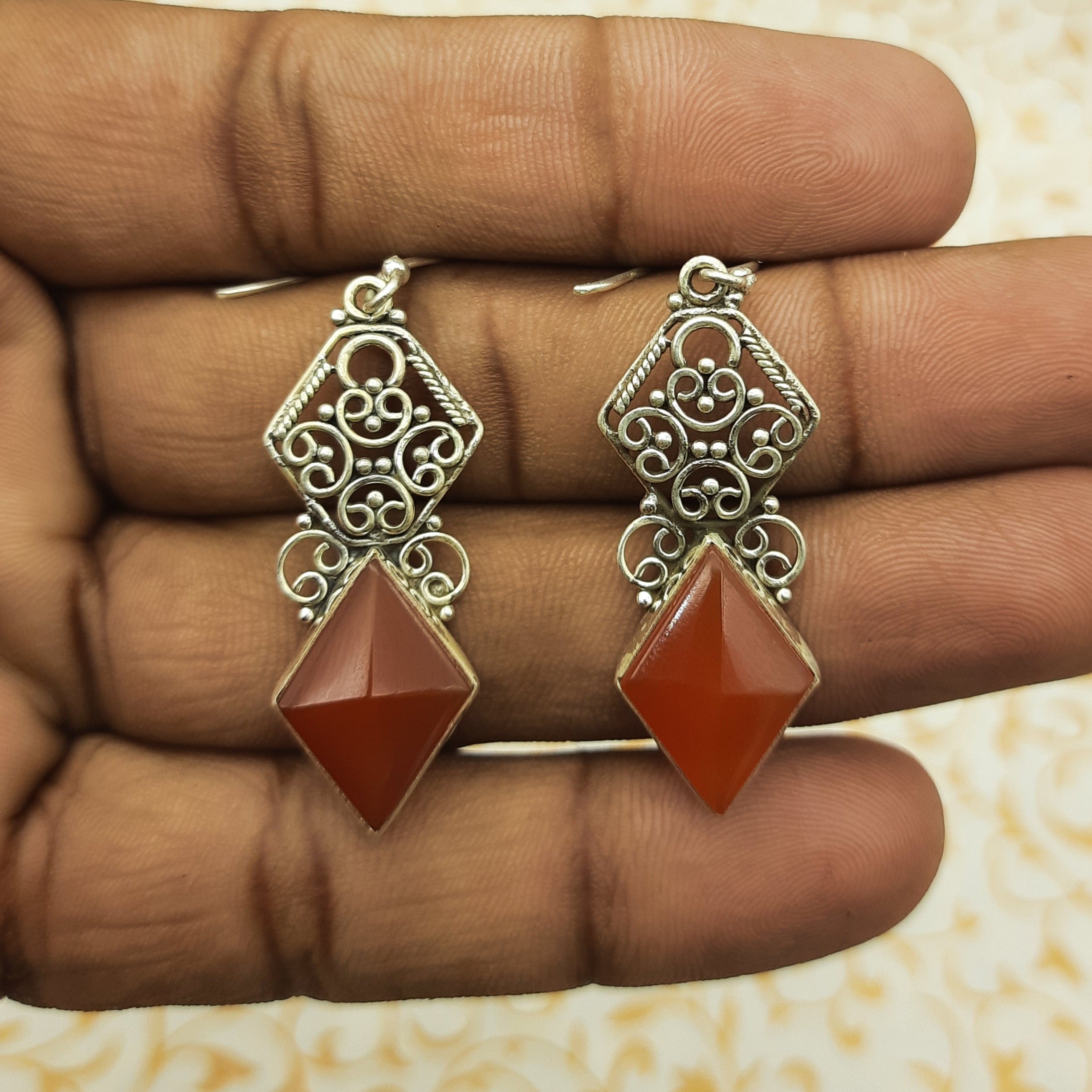 Carnelian Diamond Shape Stone Dangle Earrings in 925 Sterling Silver