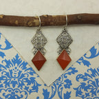 Carnelian Diamond Shape Stone Dangle Earrings in 925 Sterling Silver