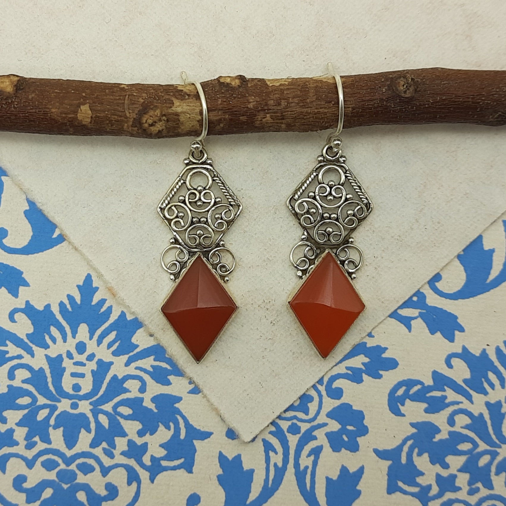 Carnelian Diamond Shape Stone Dangle Earrings in 925 Sterling Silver