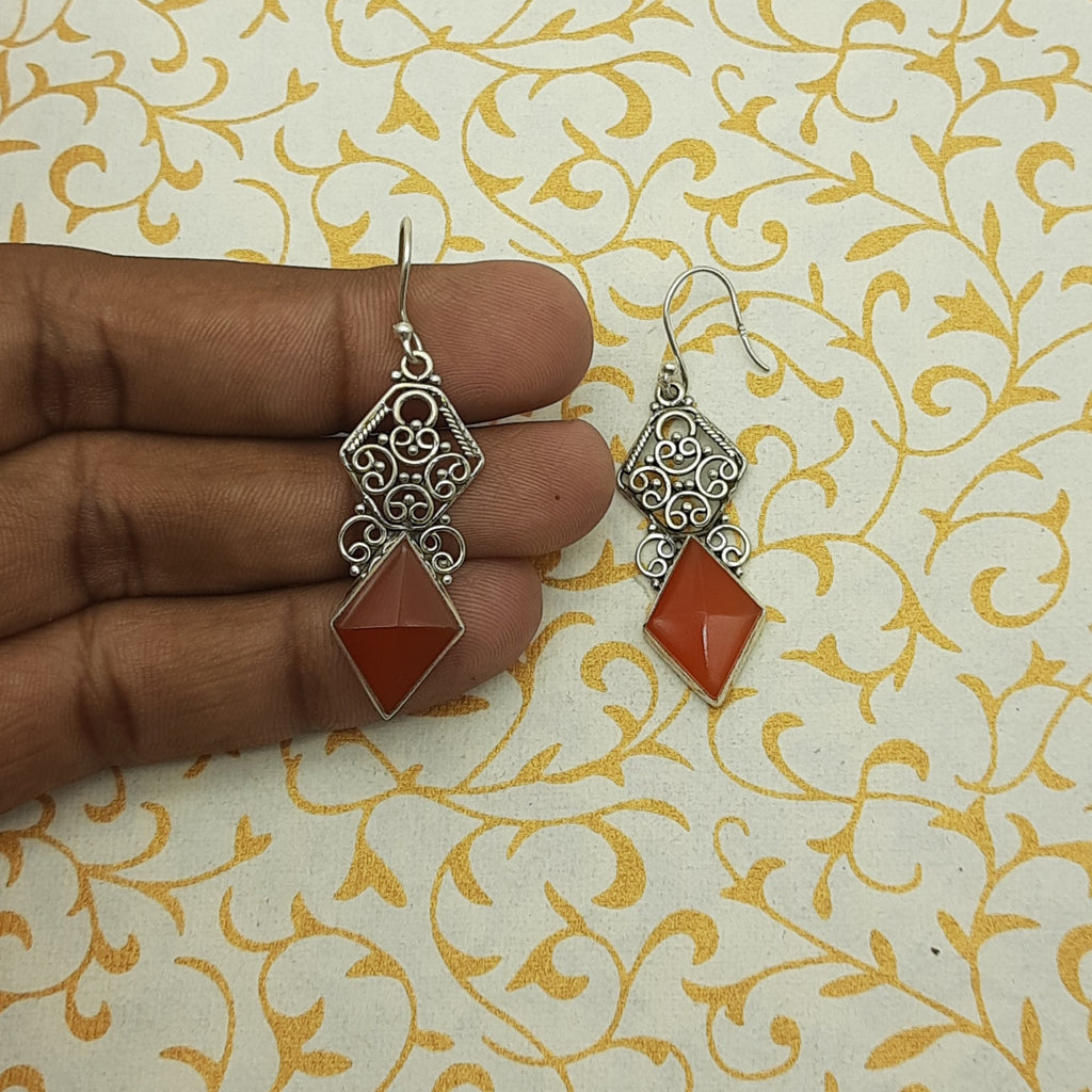 Carnelian Diamond Shape Stone Dangle Earrings in 925 Sterling Silver