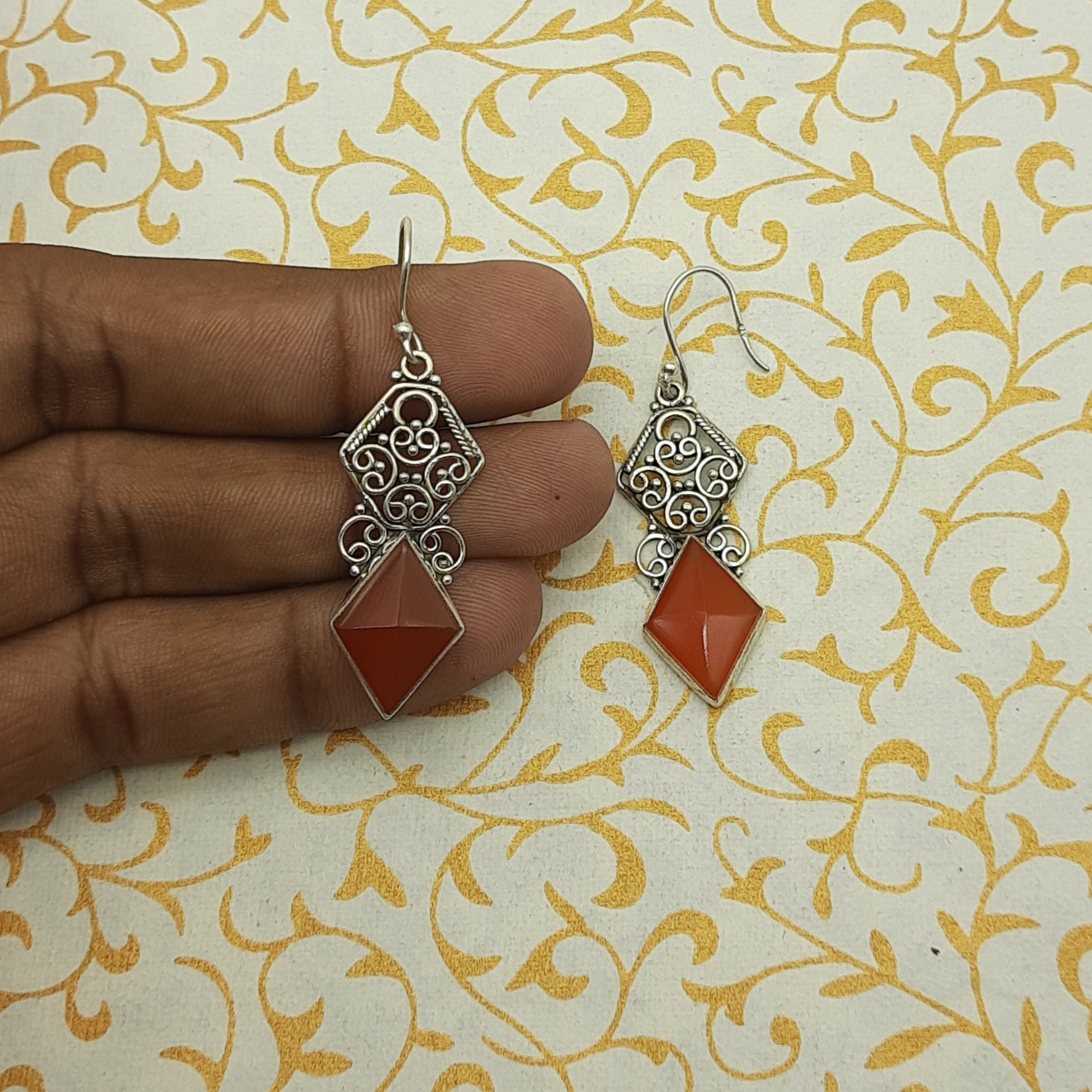 Carnelian Diamond Shape Stone Dangle Earrings in 925 Sterling Silver