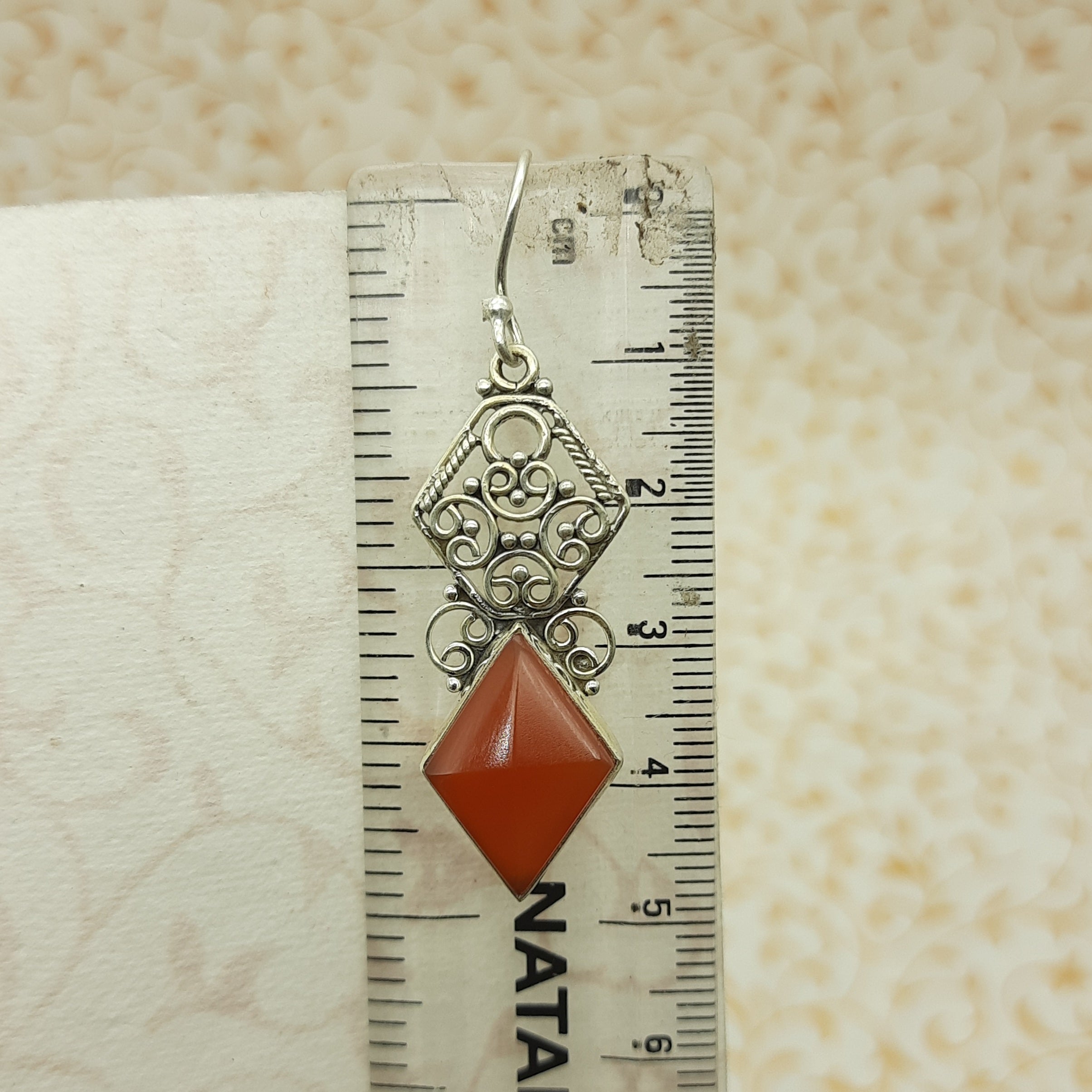 Carnelian Diamond Shape Stone Dangle Earrings in 925 Sterling Silver