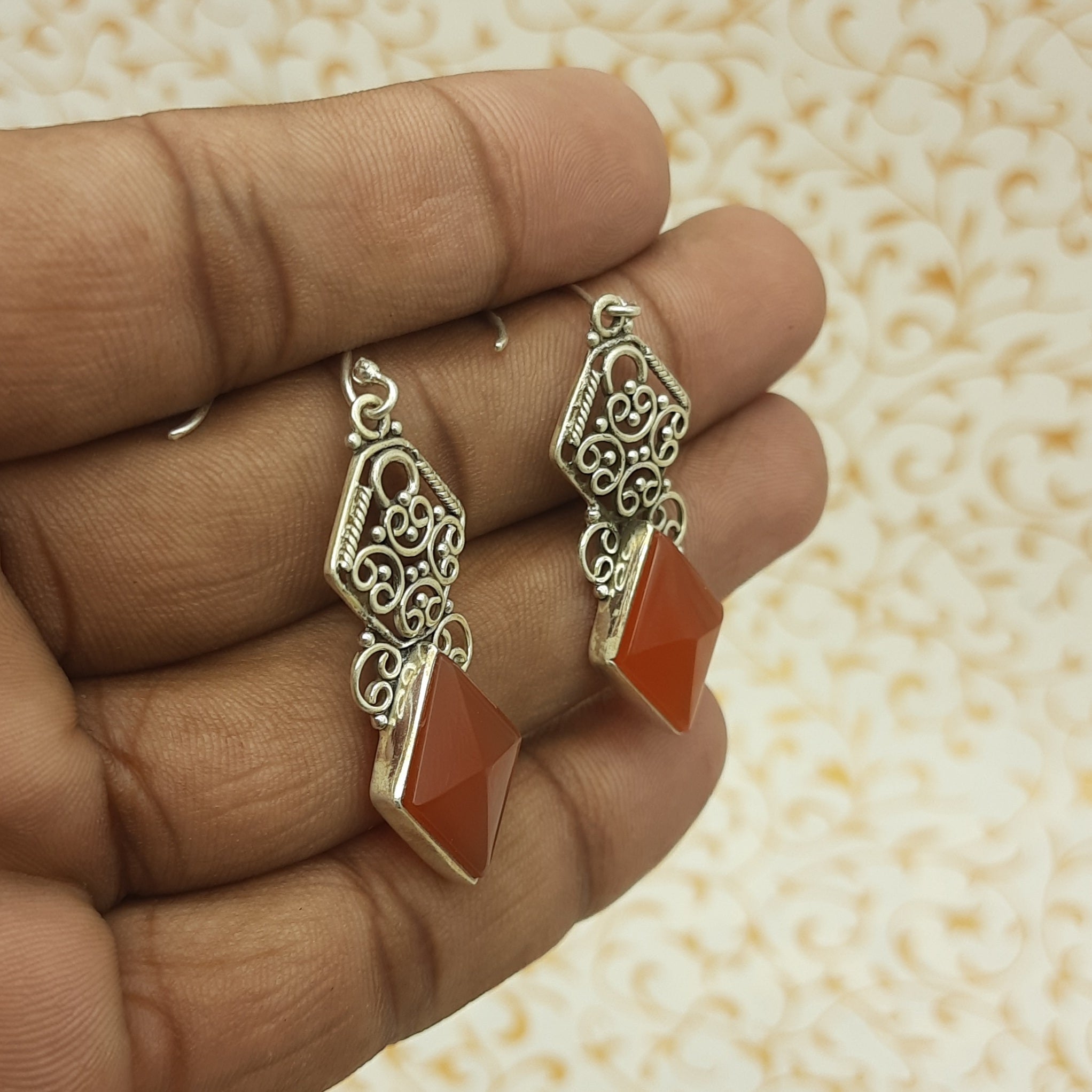 Carnelian Diamond Shape Stone Dangle Earrings in 925 Sterling Silver