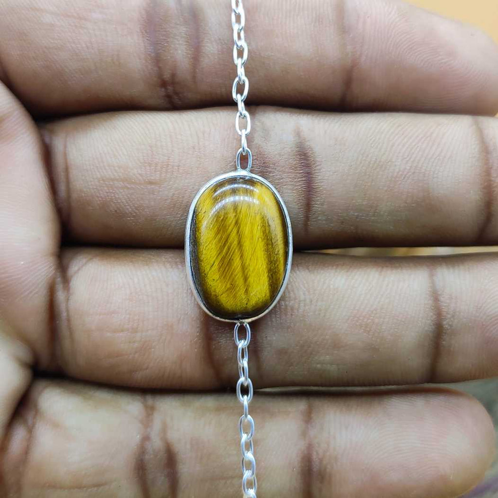 Tiger Eye Oval Shape Cabochon Gemstone Handmade Sterling Silver 925 Chain Bracelet