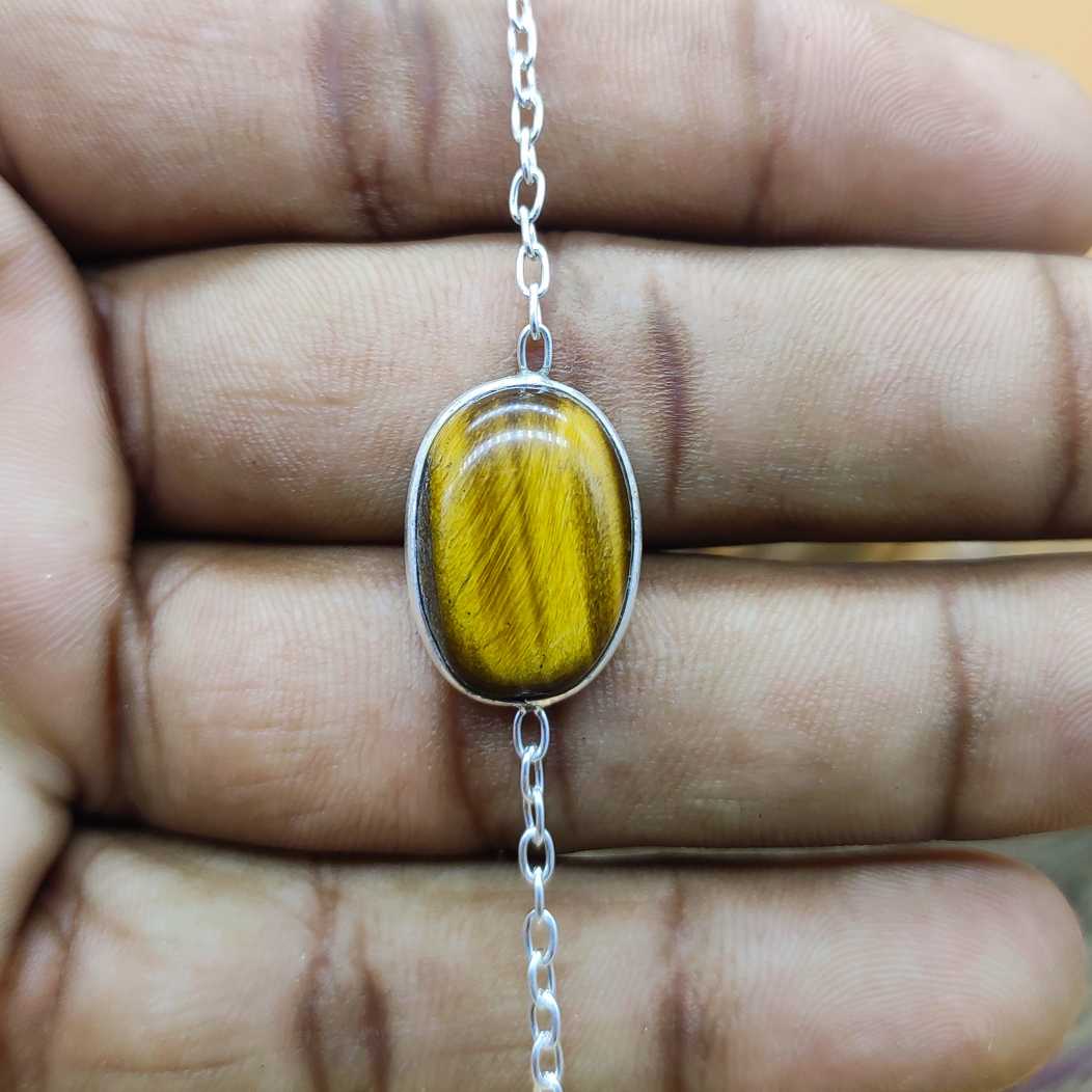 Tiger Eye Oval Shape Cabochon Gemstone Handmade Sterling Silver 925 Chain Bracelet
