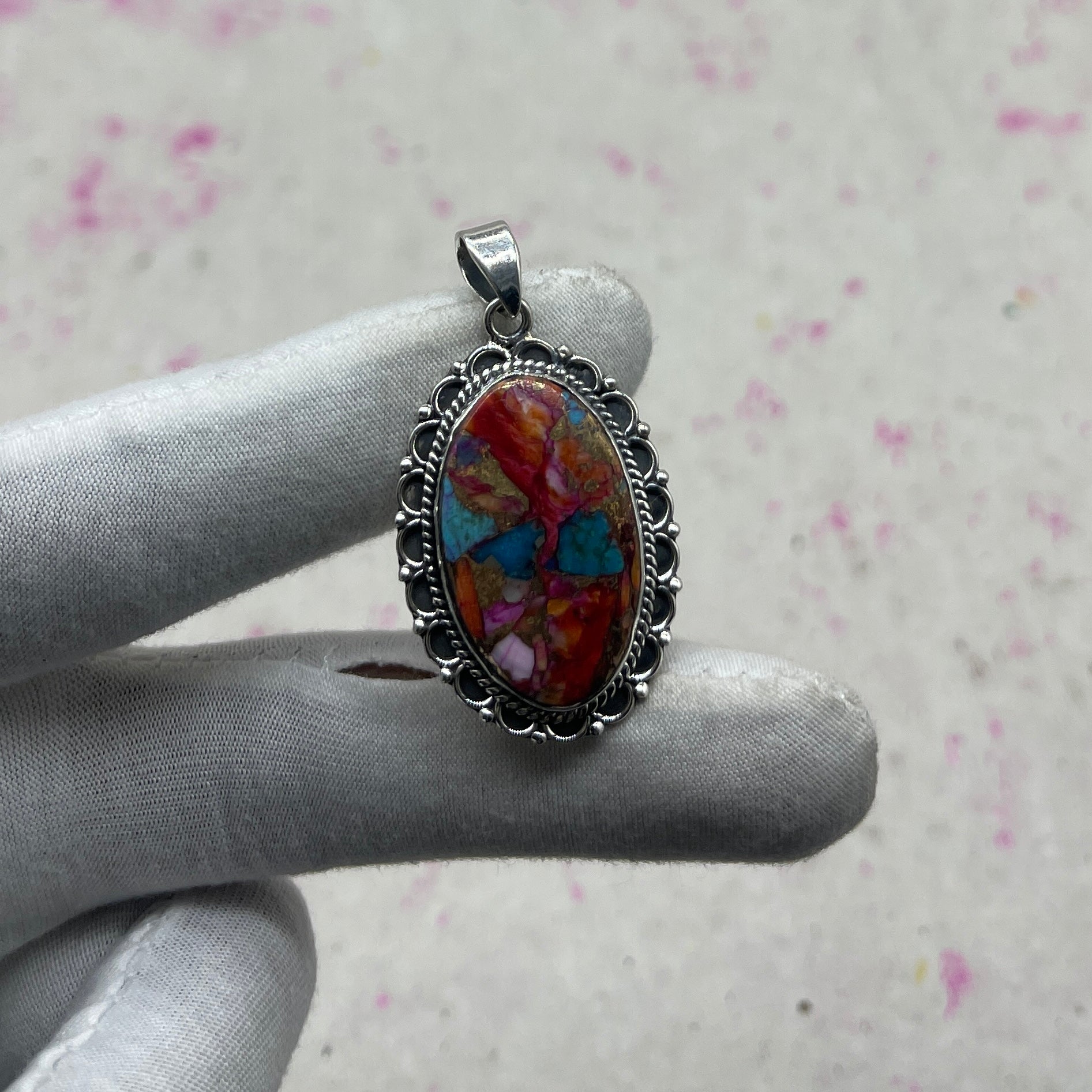 Spiny Oyster Turquoise 925 Sterling Silver Handmade Pendant | Rustic Tribal Pendant
