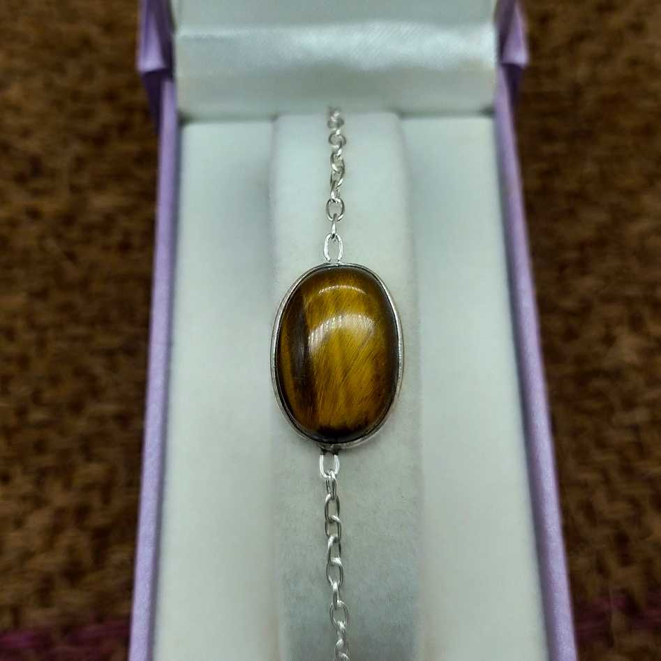 Tiger Eye Oval Shape Cabochon Gemstone Handmade Sterling Silver 925 Chain Bracelet