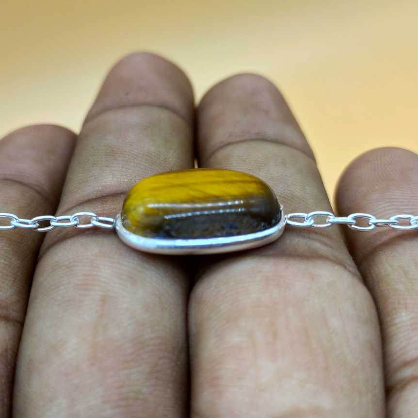 Tiger Eye Oval Shape Cabochon Gemstone Handmade Sterling Silver 925 Chain Bracelet