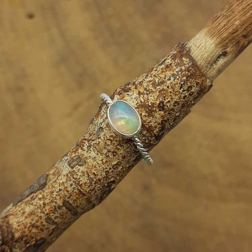 Opal Cabochon Gemstone 925 Sterling Silver Twisted Wire Bohemian Ring