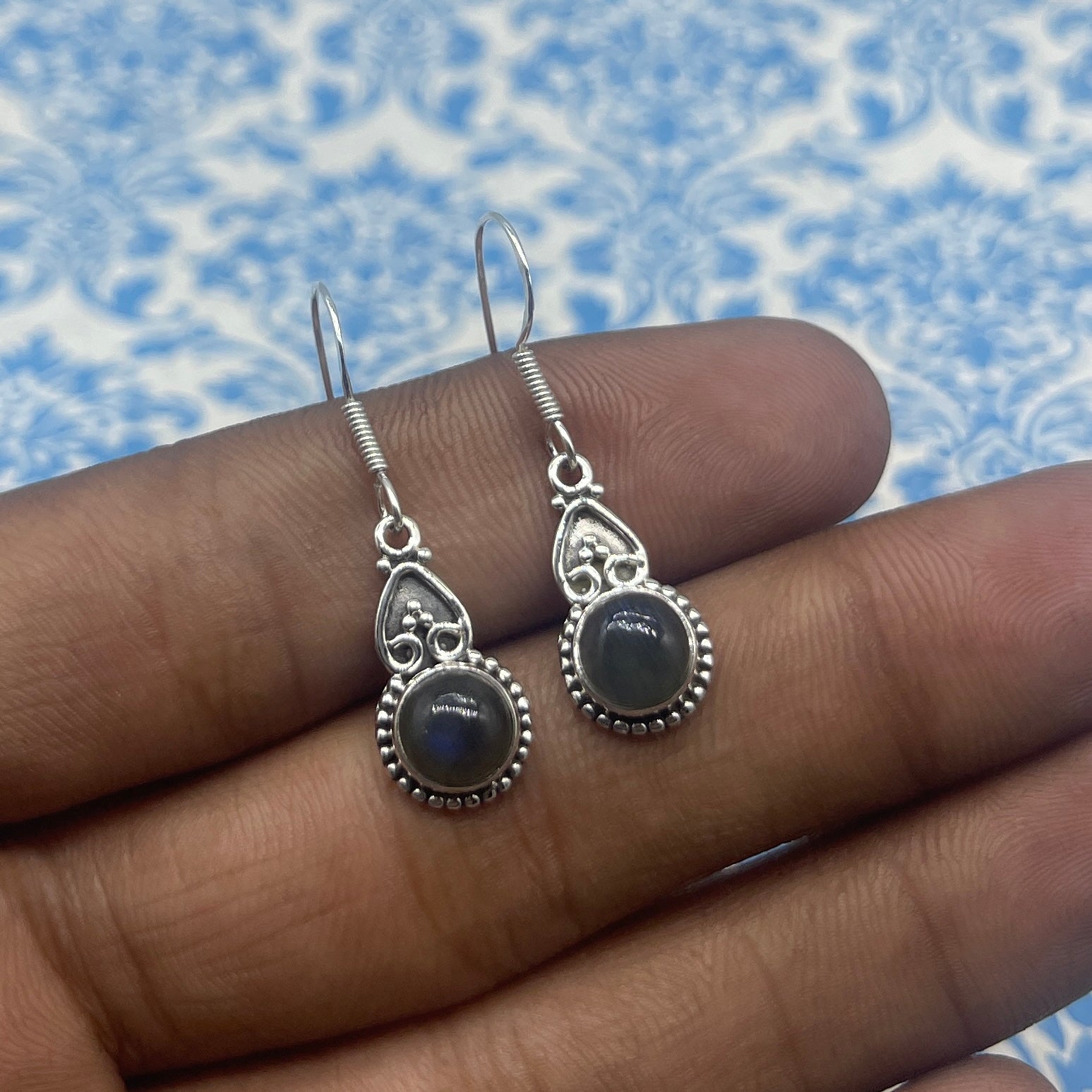 Natural Labradorite Dangle Earrings with Handmade Silver Work