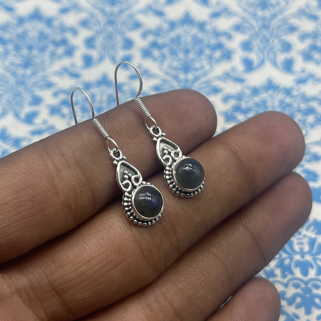 Natural Labradorite Dangle Earrings with Handmade Silver Work