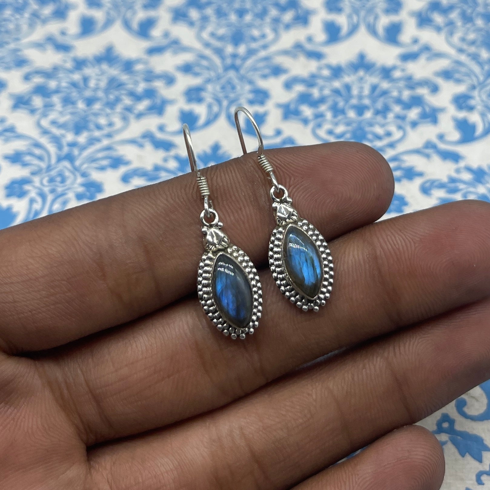 925 Handmad Natural Labradorite Dangle Earrings
