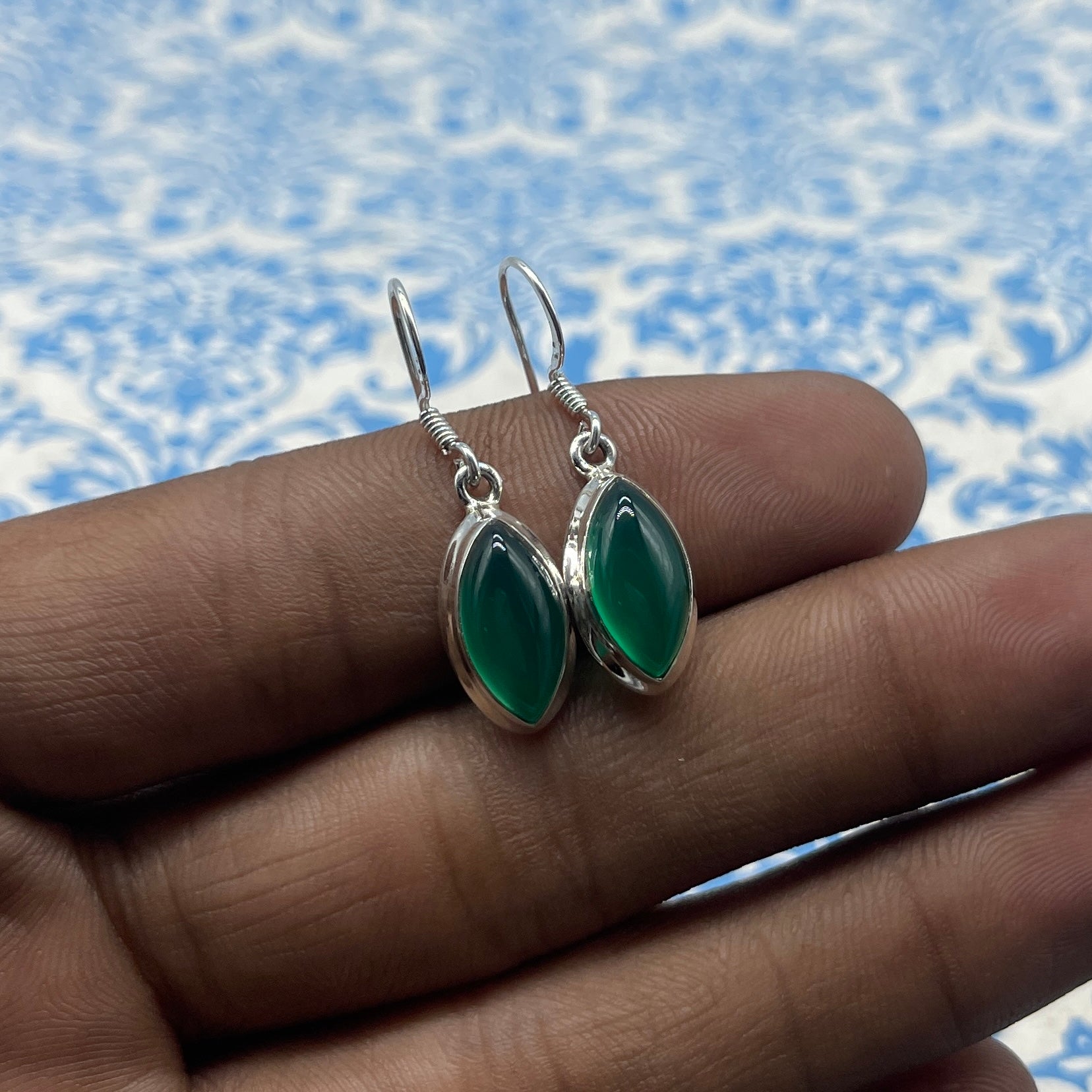 925 Sterling Silver Green Onyx Earrings
