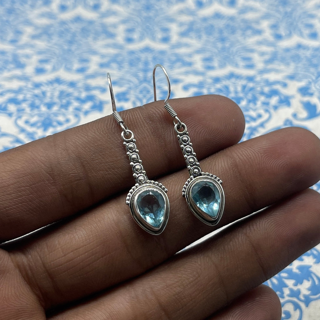 925 Sterling Silver Blue Topaz Drop Shape Earring