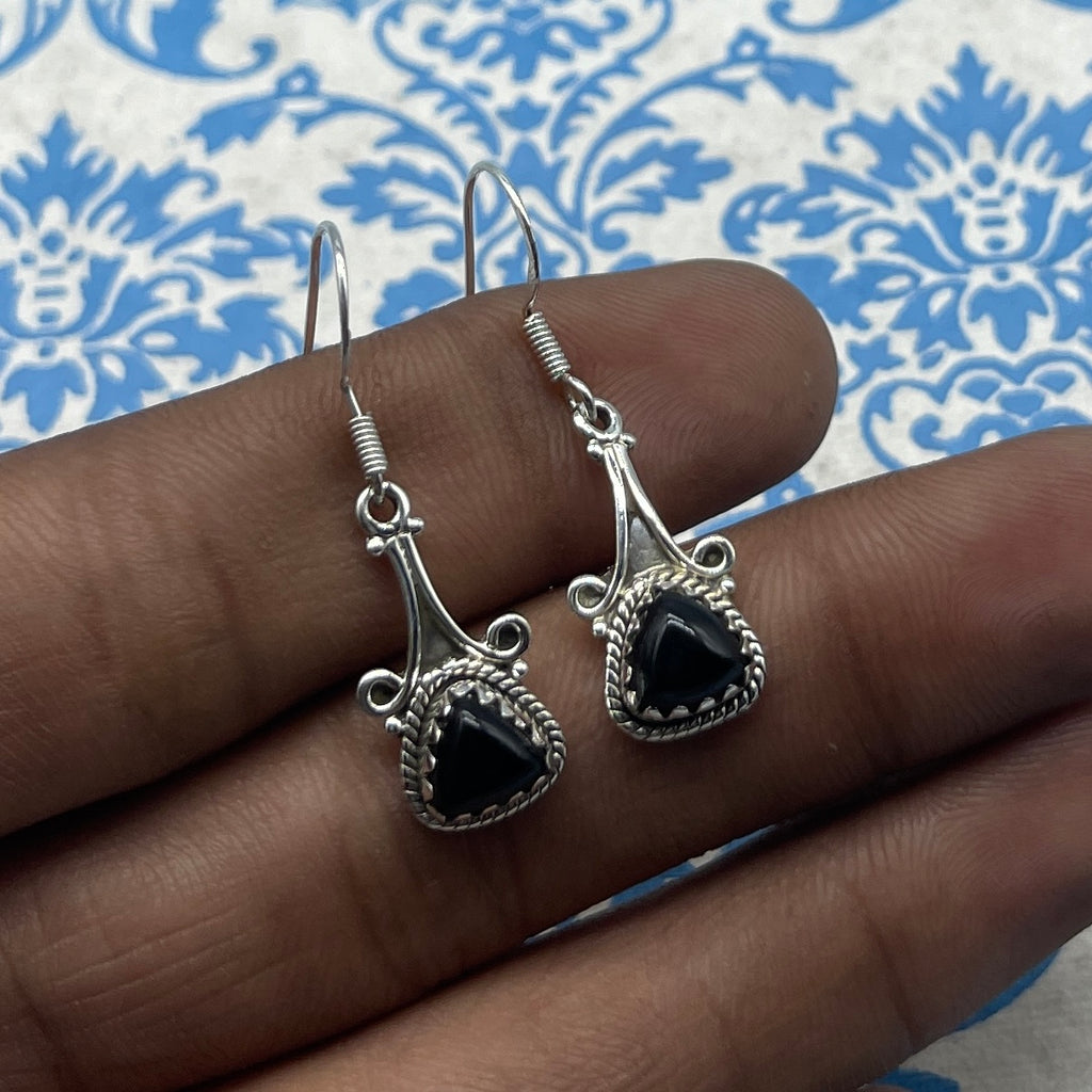 Classic Black Onyx Silver Earrings – Trillion Shape Design