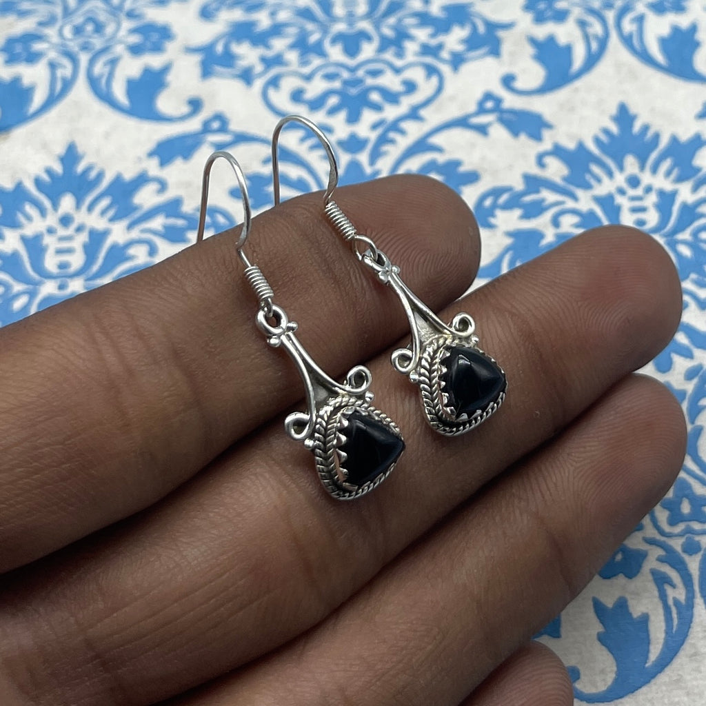 Classic Black Onyx Silver Earrings – Trillion Shape Design