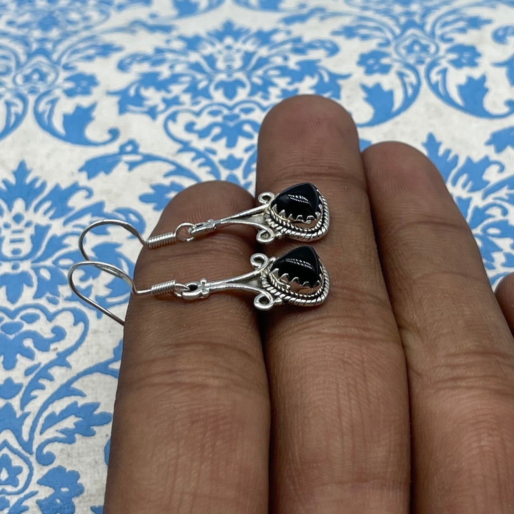 Classic Black Onyx Silver Earrings – Trillion Shape Design
