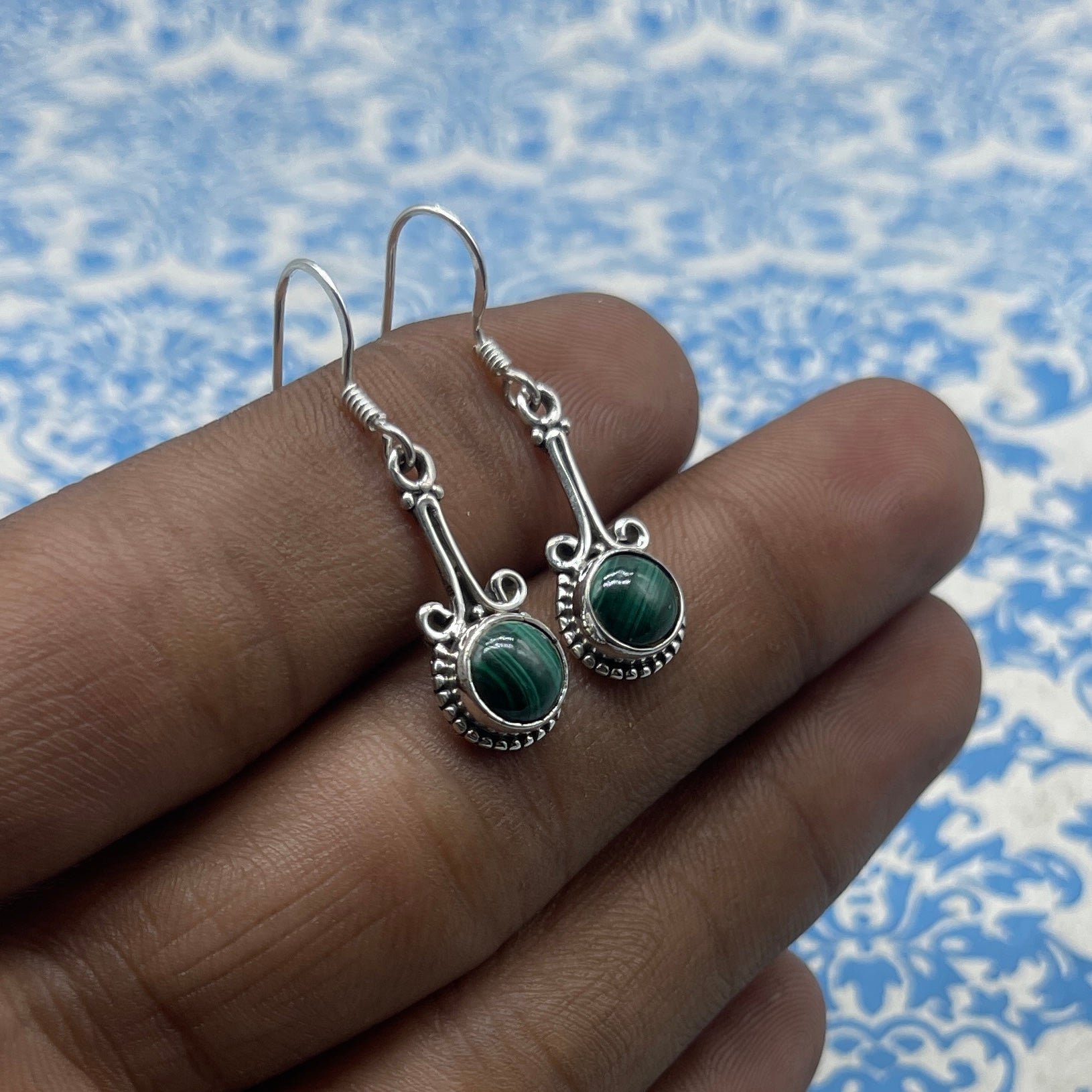 Minimalist Malachite Round Earrings – Handcrafted Silver