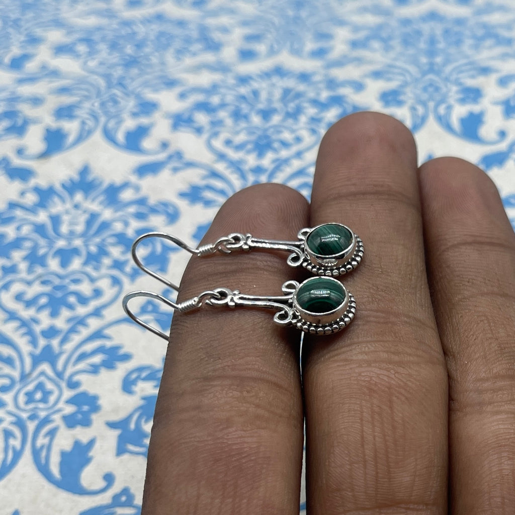 Minimalist Malachite Round Earrings – Handcrafted Silver