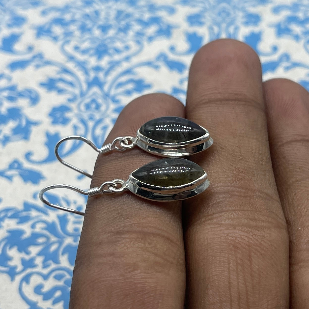 Natural Labradorite Dangle Earrings with Handmade Silver Work