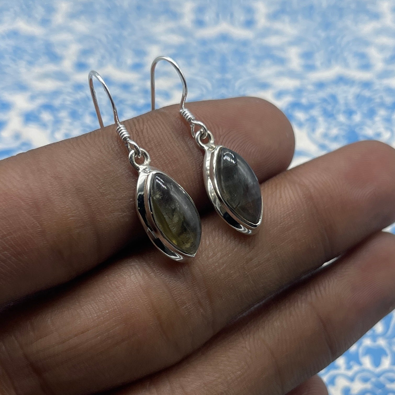 Natural Labradorite Dangle Earrings with Handmade Silver Work