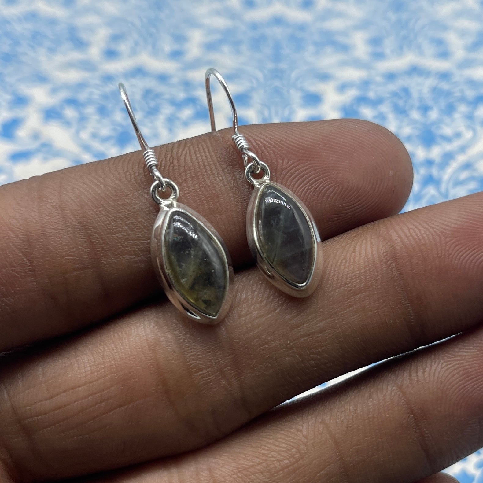 Natural Labradorite Dangle Earrings with Handmade Silver Work