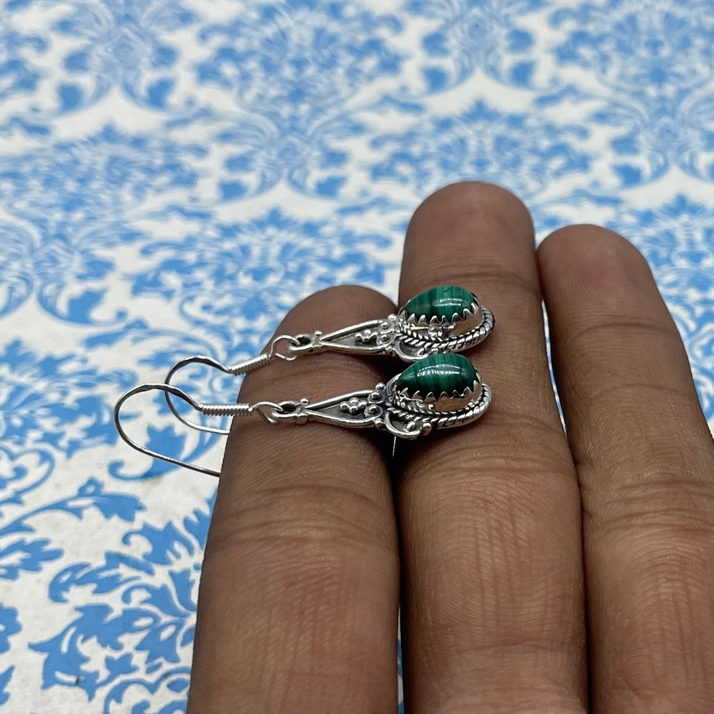 Minimalist Malachite Drop Earrings – Handcrafted Silver