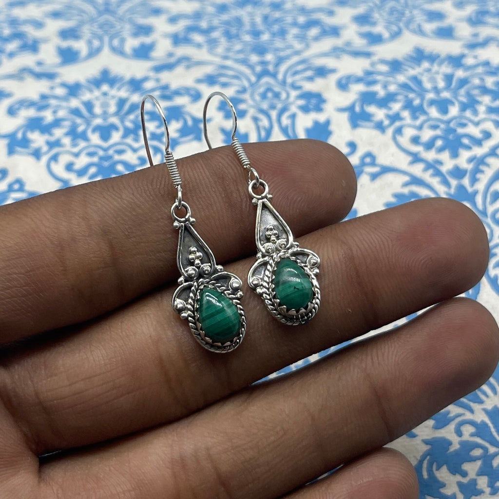 Minimalist Malachite Drop Earrings – Handcrafted Silver