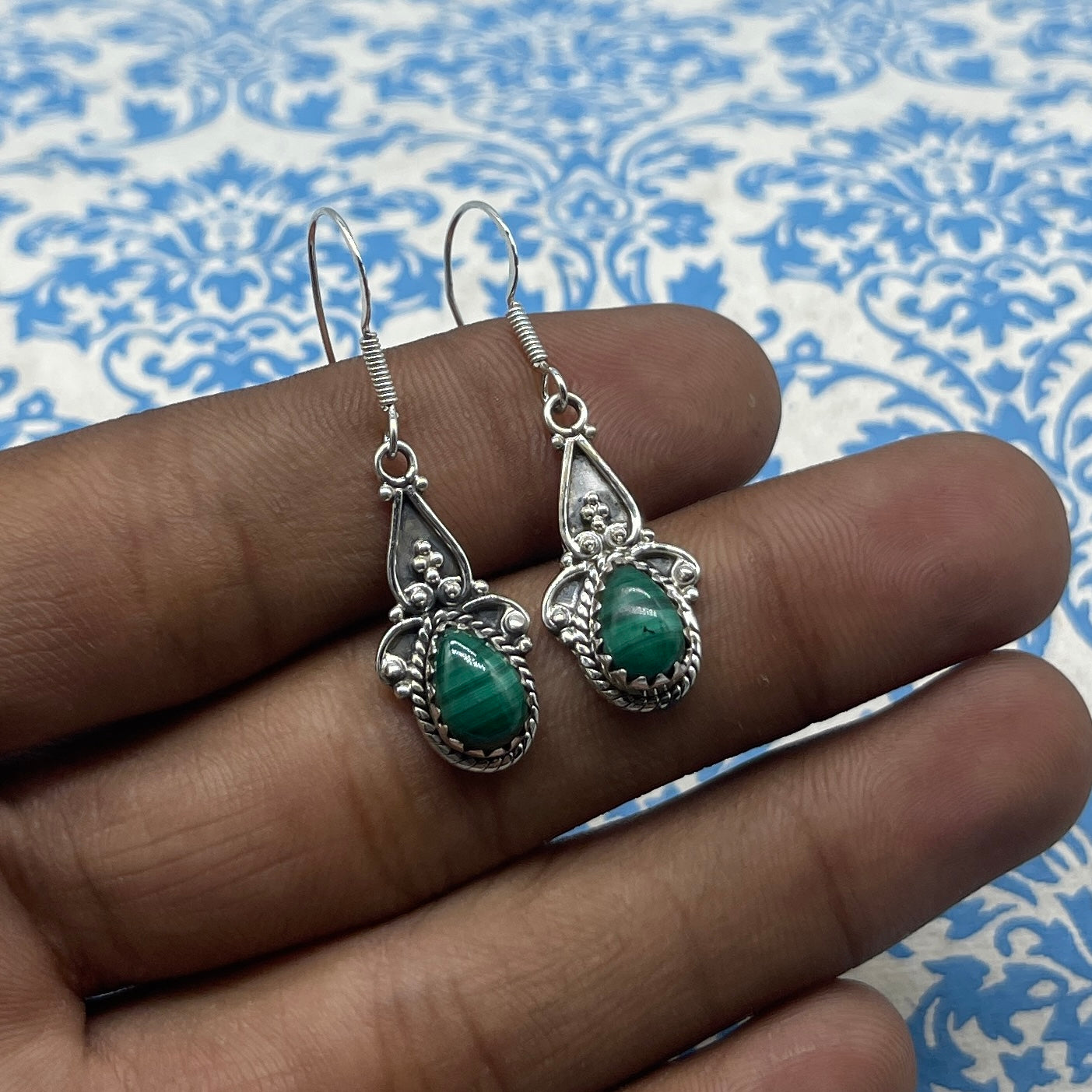 Minimalist Malachite Drop Earrings – Handcrafted Silver