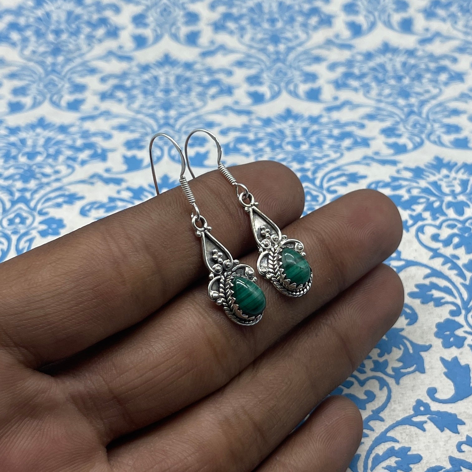 Minimalist Malachite Drop Earrings – Handcrafted Silver