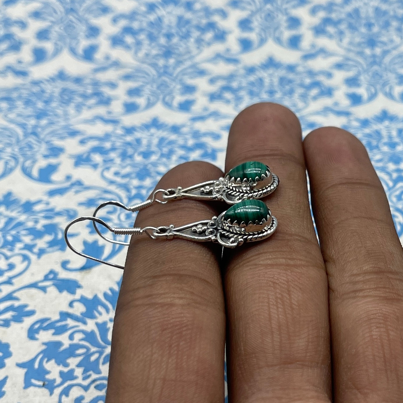 Minimalist Malachite Drop Earrings – Handcrafted Silver