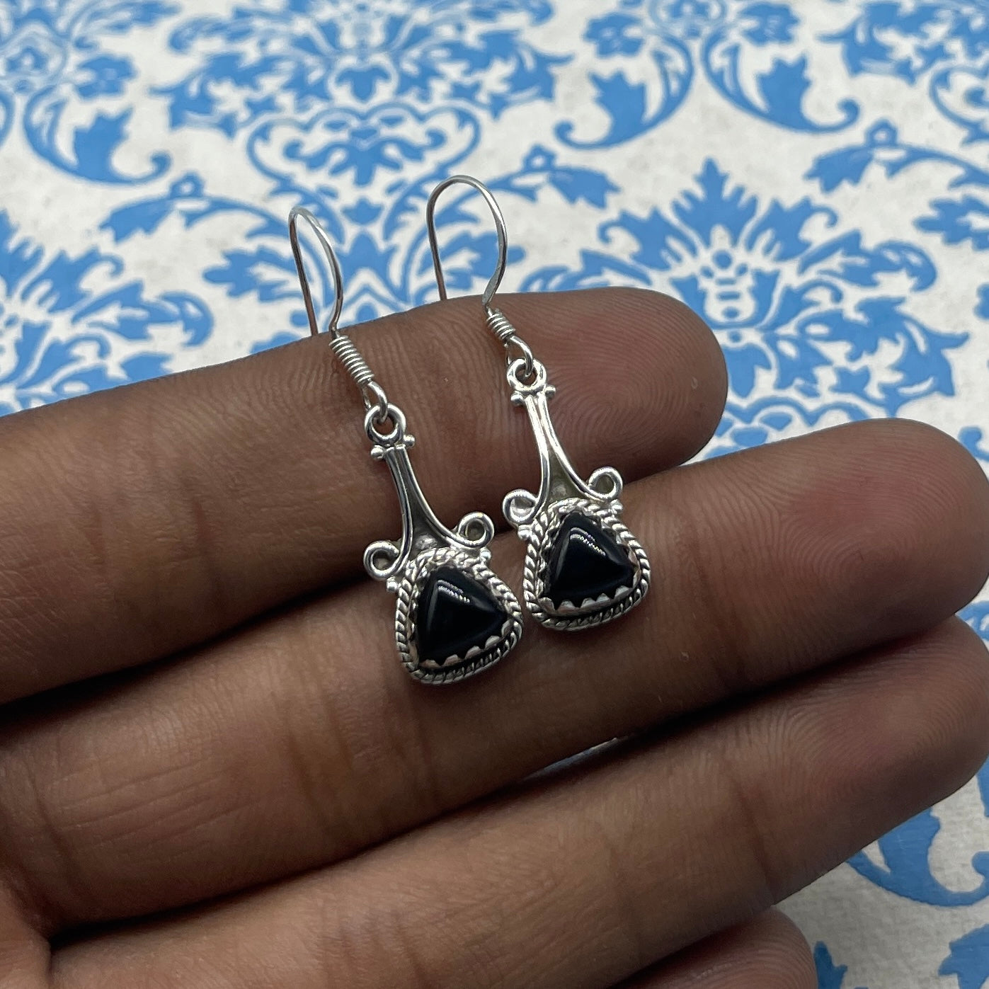925 Sterling Silver Black Onyx Trillion Shape Earring