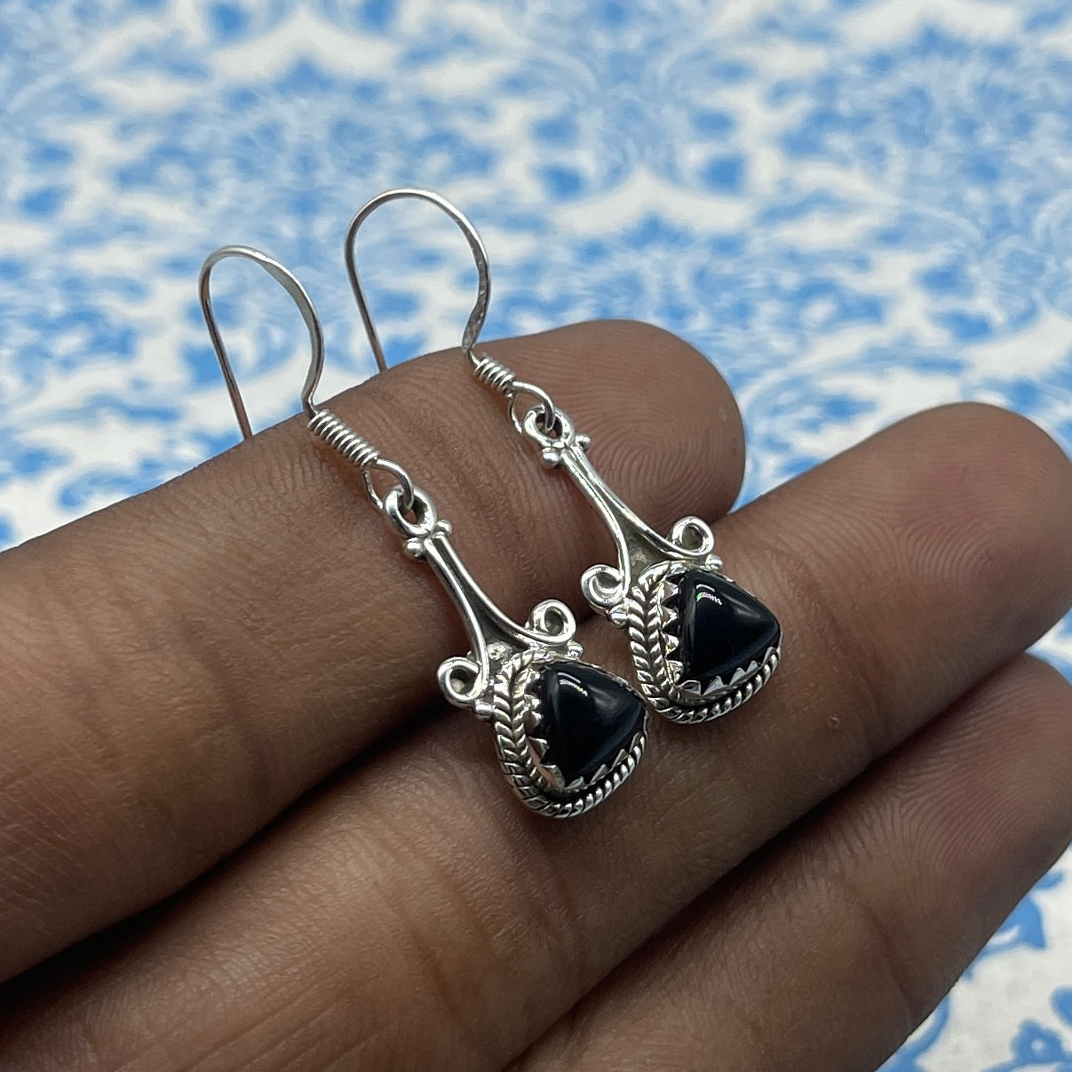 925 Sterling Silver Black Onyx Trillion Shape Earring