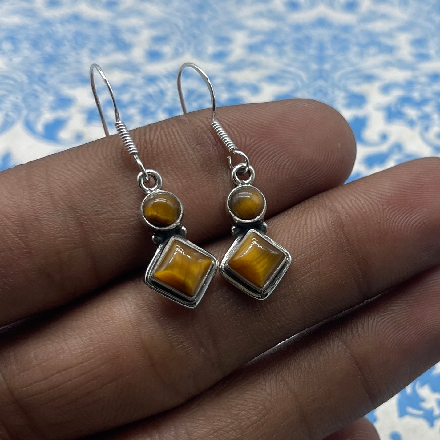 Boho Square & Round Shape Tiger Eye Silver Earrings – Elegant Everyday Wear
