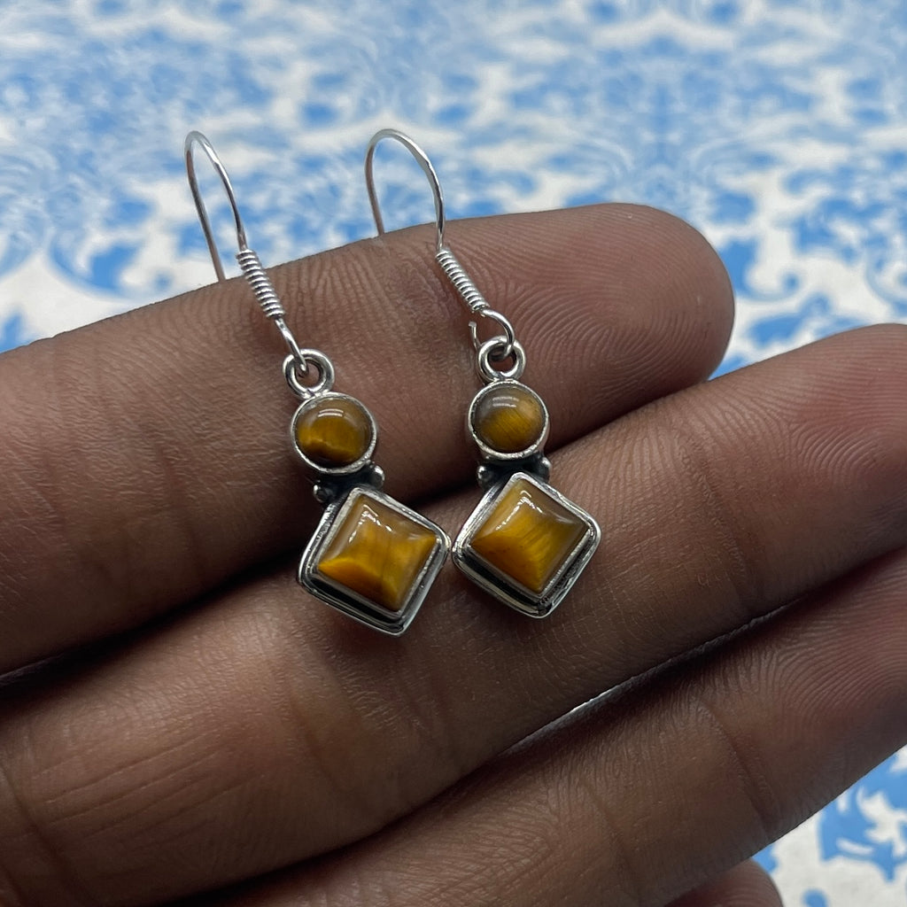 Boho Square & Round Shape Tiger Eye Silver Earrings – Elegant Everyday Wear