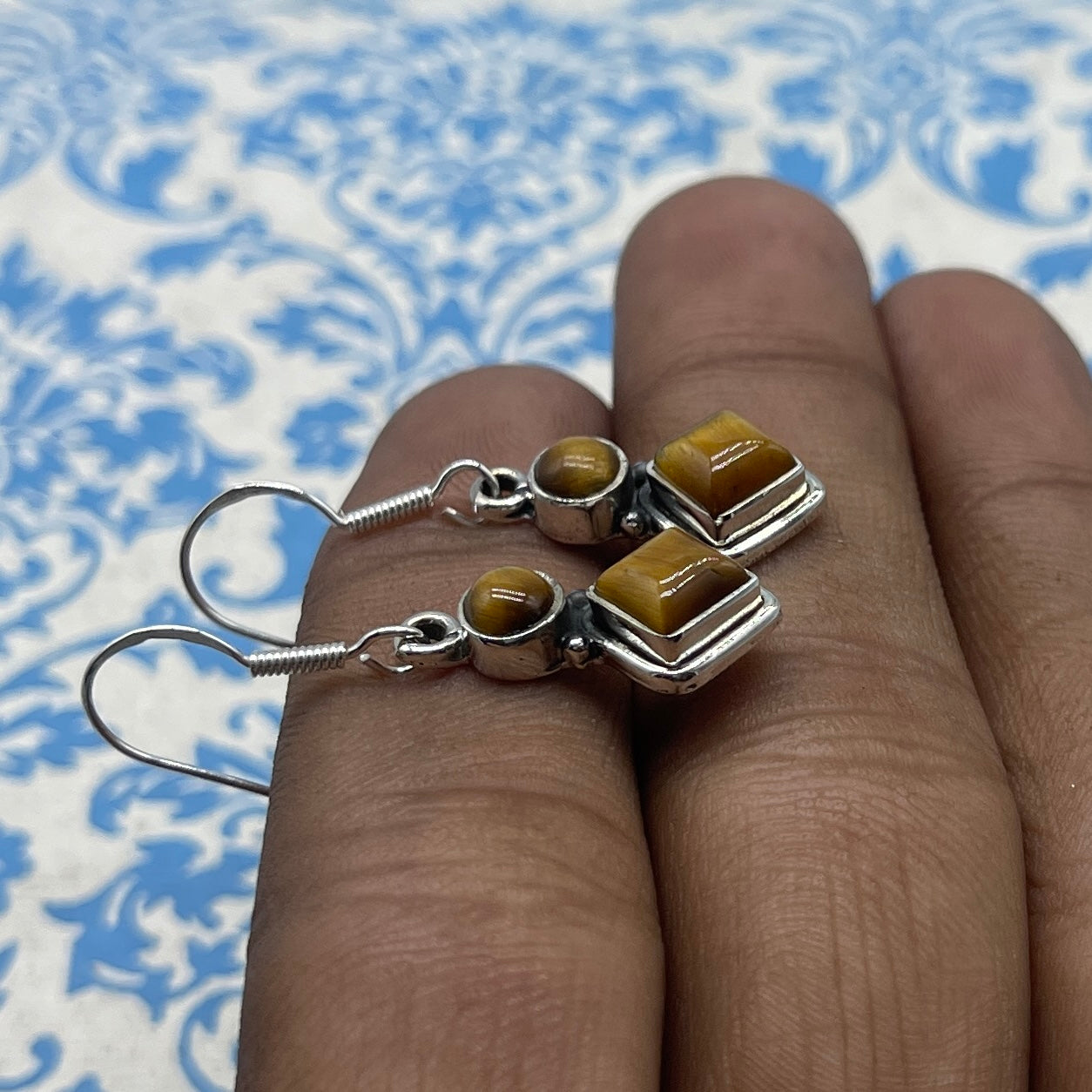 Boho Square & Round Shape Tiger Eye Silver Earrings – Elegant Everyday Wear
