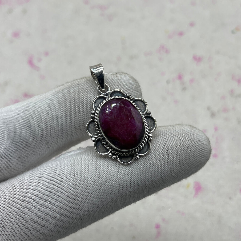 Dyed Ruby 925 Sterling Silver Handmade Pendant | Vintage Style Statement Pendant