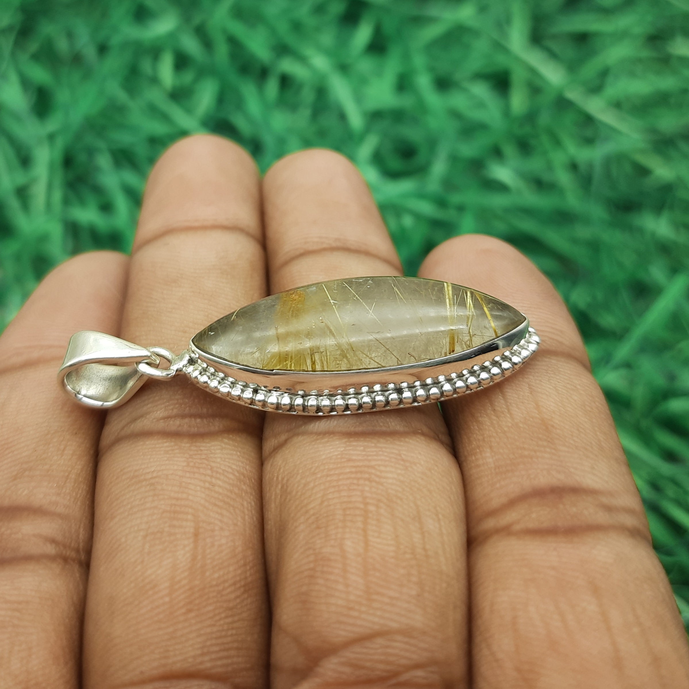 925 Sterling Silver Rutilated Quartz Pendant – Natural Gemstone Handmade Boho Jewelry