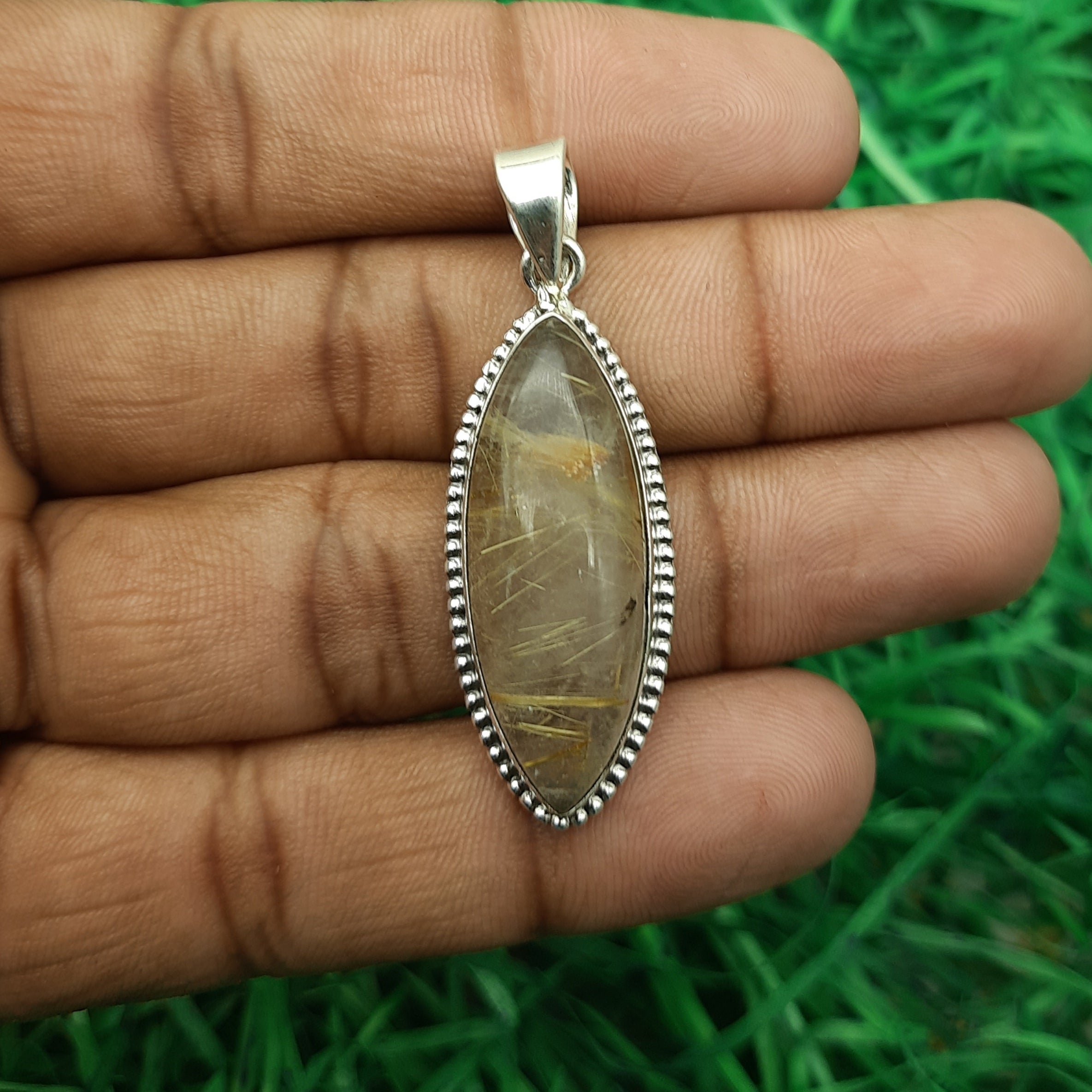 925 Sterling Silver Rutilated Quartz Pendant – Natural Gemstone Handmade Boho Jewelry