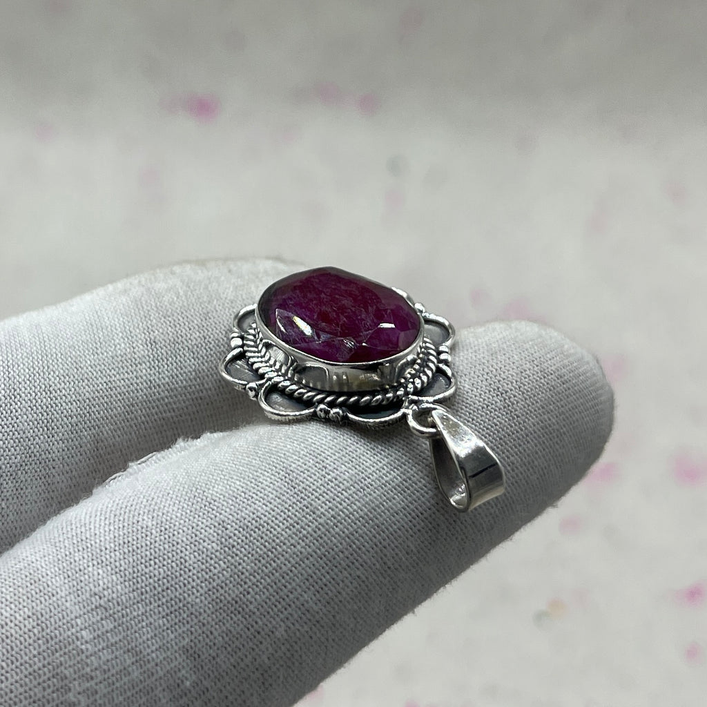 Dyed Ruby 925 Sterling Silver Handmade Pendant | Vintage Style Statement Pendant