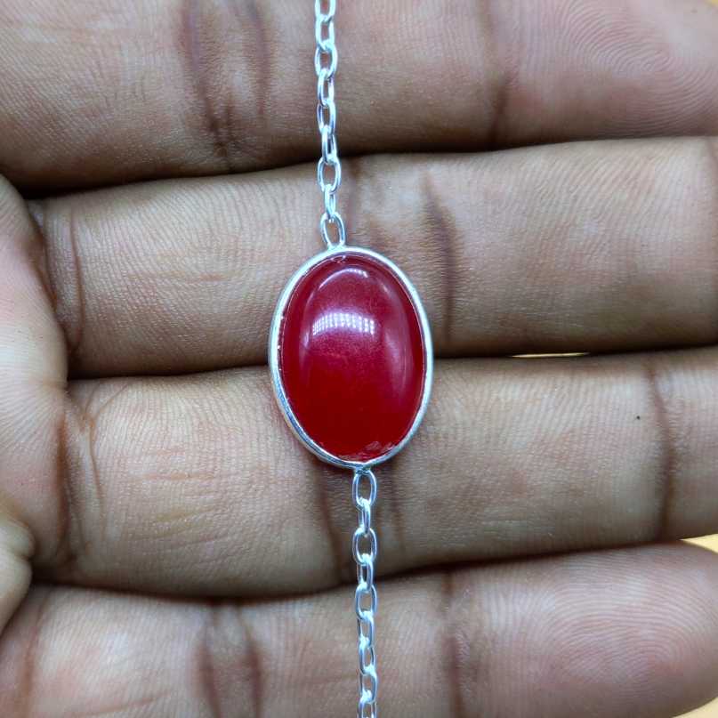 Single Stone Oval Shape Carnelian Gemstone Handmade Sterling Silver 925 Chain Bracelet